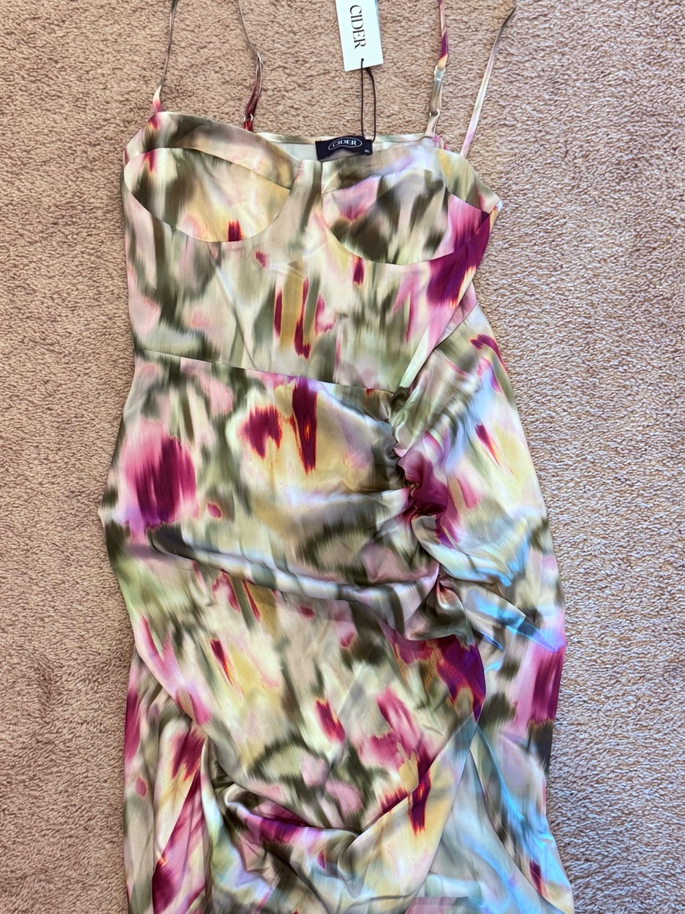 Cider Strapless Satin Dress in Pink, Green & Yellow Abstract Print